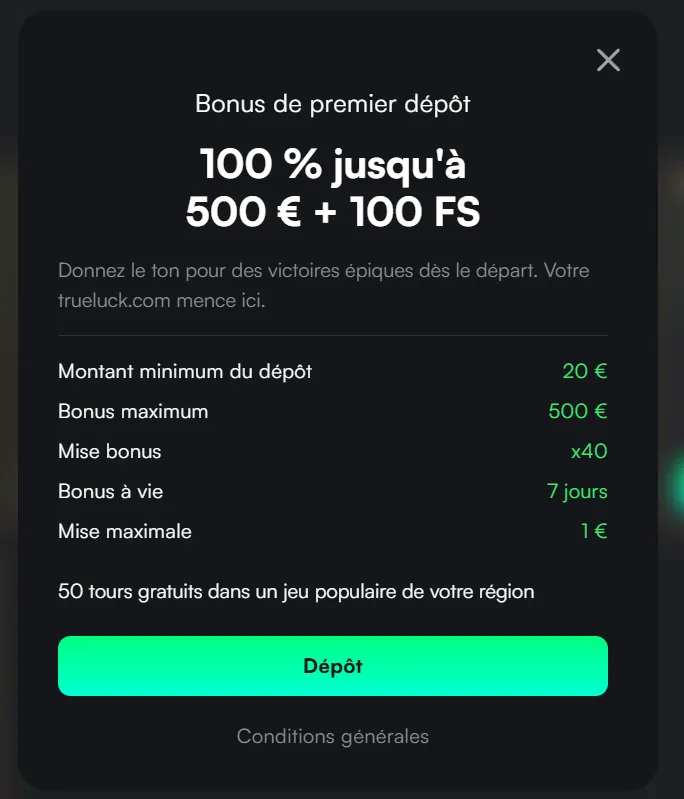 Bonus du TrueLuck Casino pour nouveaux joueurs et promotions en cours