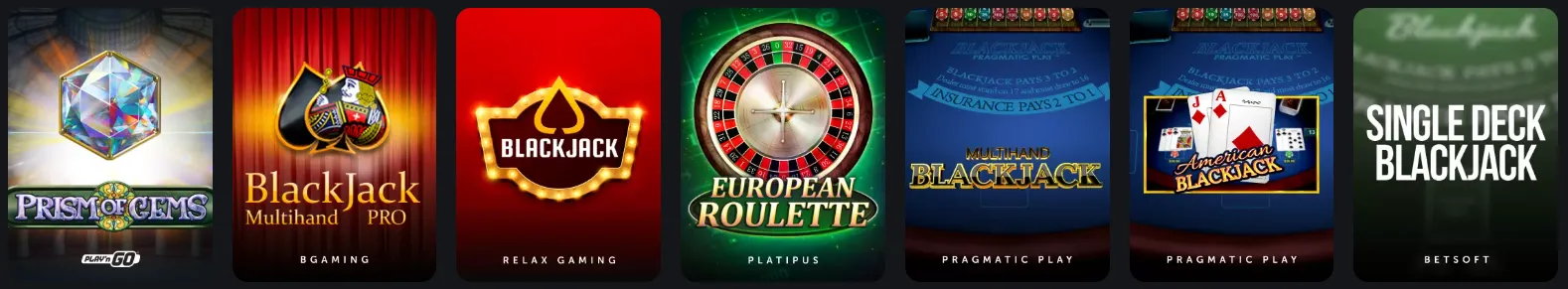 Jeux de table du TrueLuck Casino incluant blackjack et roulette