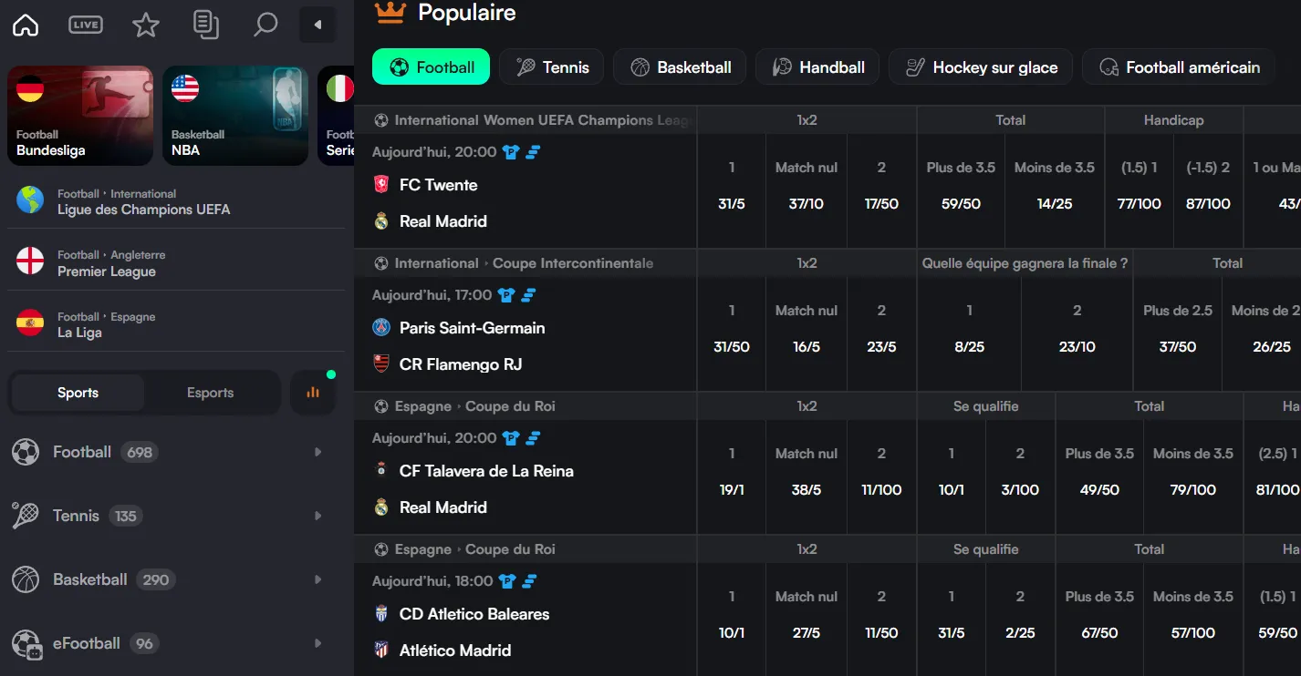 Paris sportifs disponibles au TrueLuck Casino avec événements en direct